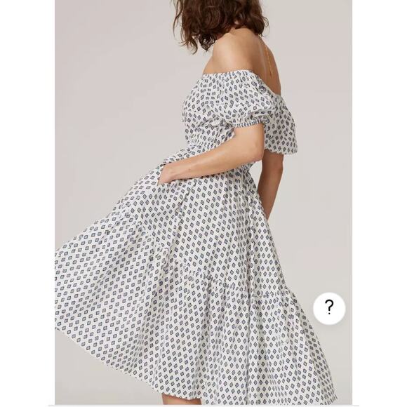 Caroline Consta Bardot Mini Flounce Dress Cap Sleeve Printed White Size XS - Picture 4 of 13